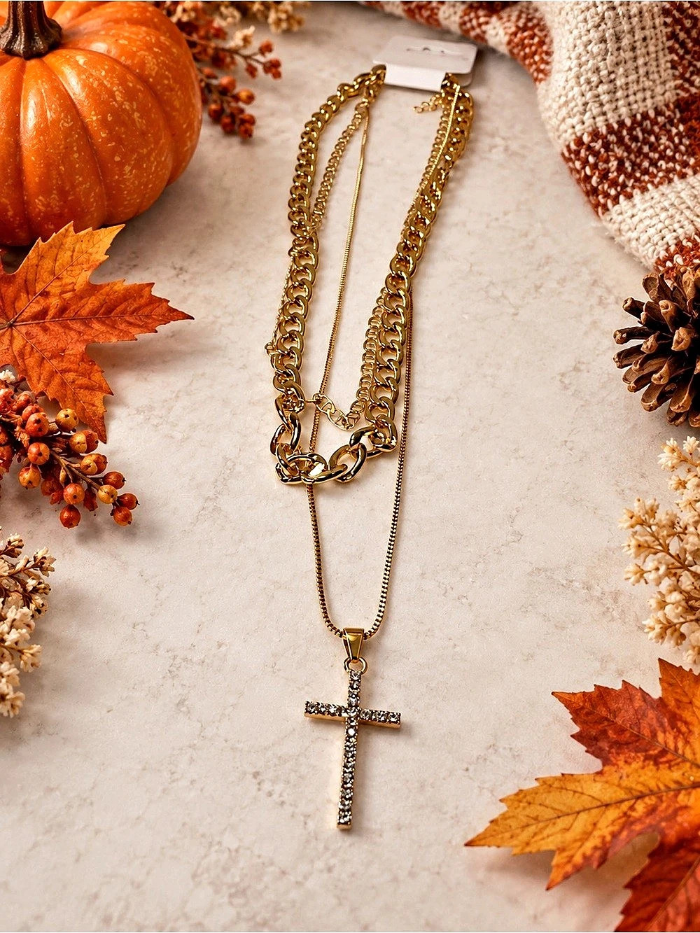 Gold-Tone Layered Cross Pendant Necklace New With Tags